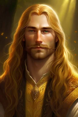 A young serene Lord Of The Rings like man with long golden hair that cascades gracefully, and a short beard. His open eyes, with blind pupils, reflect a depth of wisdom and inner peace. A gentle smile graces his face, adding warmth to his tranquil demeanor.