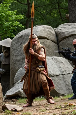 A Stone Age man holding a spear vs a modern man machine gun