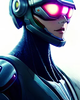 anime, futuristic head and shoulders portrait, hyper realist, hyper detailed, intricated, gorgeous woman, perfect visible face, astronaut suit, alien planet background, Halo, ilya kuvshinov, makoto shinkai, moebius, artgerm, wlop, rossdraws, HR giger