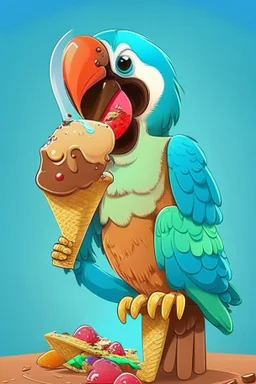 Cartoon parrot eating Choco bar ice cream