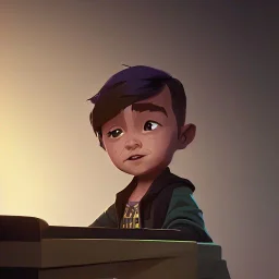 A full picture of a little man with a round head wearing big plateau shoes playing keyboard