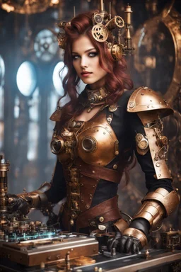 Photography Realistic HD Natural Beauty Steampunk classic mecha woman as dj player