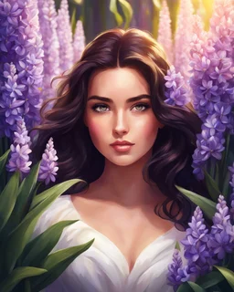 Medium view of a beautiful girl standing surrounded by full of hyacinth flowers, beautiful face, dark hair, shining eyes, sunlight on face, digital painting style, high quality, 4k