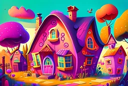 Village illustration, realistic, detailed, illustrative, childrenbook style, village of a pink, purple, red, orange, yellow, green and blue house