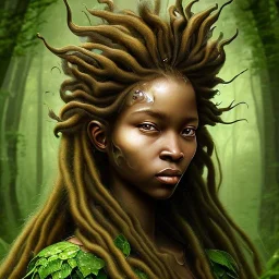 Renaissance style. Watercolour Painting. the face of A young black woman. A wood nymph emerging from the forest. Her hair looks like vines. leaves and gnarled branches extending past face and morphing into reality, Dreadlocs. Her skin is the colour of dark soil. Her skin looks like tree bark. Her clothing is made of vines, grass and leaves.