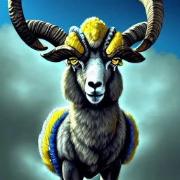 A bighorn sheep ram warrior full blue and yellow body armor with fierce and wild look, highly detailed, digital art, sharp focus, trending on art station, standing on all fours with one hoof on an american football, field of grass, background mountain peaks sunset sky of blue and yellow, design by charlie bowater, ross tran, artgerm, and makoto shinkai, detailed, colors #003594 #FFA300 #FF8200 #FFD100 throughout