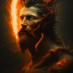 portrait photography of an ethereal beautiful animal god, Fire theme art, Dark moody night atmosphere, Portrait of a man by Michelangelo, 8K, close-up face, anatomically perfect face, oak tree roots, ignore NSFW