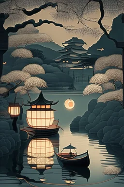 Somber Japanese garden with Chinese lanterns, and a river with an empty boat, in the style of art deco