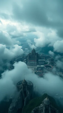 Top view zoomed in to the city of Atlantis , very high , stormy, clouds