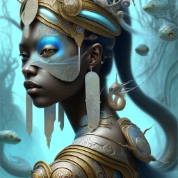 Sango fantasy, fantasy magic, intricate, sharp focus, illustration, highly detailed, digital painting, concept art, matte, art germ and Paul Lewin and Kehinde Wiley, masterpiece Aztec princess dancer head bronze eel' Asian African girl nice breast Thai hair turquoise silver blue under water