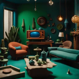 Detailed cozy living-room made of modeling clay, odd furnitures, naïve, strong texture, TV studio 1950's shot, extreme detail, Max Ernst, green and blue moody colors, sparkles, Yves Tanguy, odd