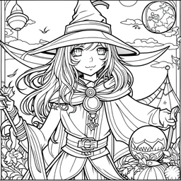 outline art for square witch tarot coloring page for kids, classic manga style, anime style, realistic modern cartoon style, white background, sketch style, only use outline, clean line art, no shadows, clear and well outlined