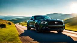 black Cross between Ford mustang and dodge ram, on a road of green hills in morning, clear blue sky, shining sun rear view