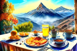 breakfast on a table on the terrace (orange juice, coffee in a cup, fruit, pastries), view of the mountains in the distance, Jean-Baptiste Monge style, surreal, a masterpiece, razor-sharp focus, dynamic lighting, watercolor and ink concept art extremely detailed psychedelic 8k beautiful high detail high definition colourful matte background Michelangelo Van Gogh colorful dramatic lighting fine art reflections whimsical National Geographic photography Alexander Archipenko Romantic Impressionism