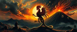&The source of light shadow chaos order, Abraxas the first creature, older than God fire and darkness volcano Haiti god with rooster head and serpent legs as a vision of the beginning of awakening within a dream of paint color and time, 365, ruling over the sun the planets, color, time itself