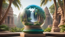 Glass globe encircled temple india khajuraho jungle palms and waterfall, symbolizing nature, environment, sustainability, ESG, and climate change awareness, generative ai
