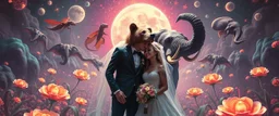 cyber punk wedding couples promenade portrait of a bear ant eater squid elephant horse dragon floating in 4 dimensions, goa trance movie poster, stylized art, weird endless plants in the style of Dali and Rembrandt