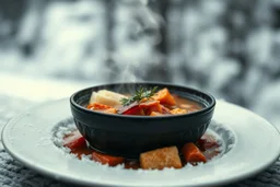 a plate of steaming soup, hig realistic, high contrast, sharp focus, gloomy mood, winter, blur background, perfect shot, perfect composition