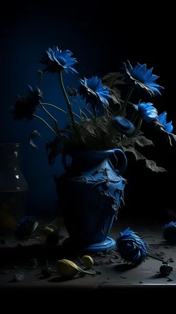 Bosch nightmares paining style Title:a blue vase with dry dark color flowers 8k artistic photography, photorealistic concept art, soft natural volumetric cinematic perfect light, chiaroscuro, award-winning photograph, masterpiece, oil on canvas, Raphael, Caravaggio, Greg Rutkowski, people, beksinski, Giger