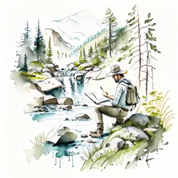 Illustrate a scene of an artist exploring the wonders of Norwegian nature, sketching, plain air amidst forests, waterfalls, and meadows, artistic style painting, white background