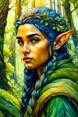 create oil and watercolor portrait of a young, nomadic forest elf female fantasy art character, with highly detailed, sharply lined and deeply weathered facial features, in a primeval forest landscape , finely inked, 4k in the style of Maxfield Parrish