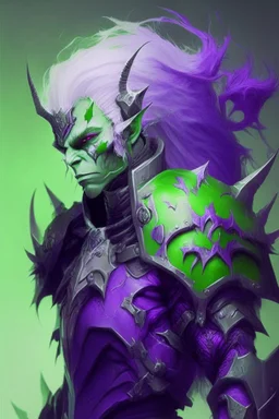 Demonio con armadura verde y morada y cabellera blanca con un