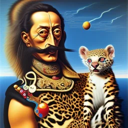 Salvador Dali with his pet ocelot Babou , hypperealism , surrealism , a masterpiece by salvador dali himself,utlandish painting , extreme art , high definition , high detailed,vivid deep colours, complex ,oil on canvas ,