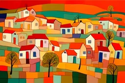 whimsical arafed nonsense, patchwork vibe, acrylic and ink painting of a cozy village main street on undulating hills, bright bold warm summer colors, color (((minimal))) sketches of village people with (((extremely long limbs))), (((oversize head))), sharp color contrasts, amazing shadows, (((exaggerated limbs and head))), minimal cozy, warm palette, color leak, sparse bright orange-red splinters, heavily distorted views, amazing parallels, amazing reflections