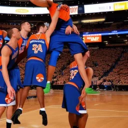 three Australian men kissing in New york Knicks jerseys