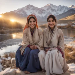 Pakistani Pukhtoon Women smiling at sunrise riverside & snowy mountains