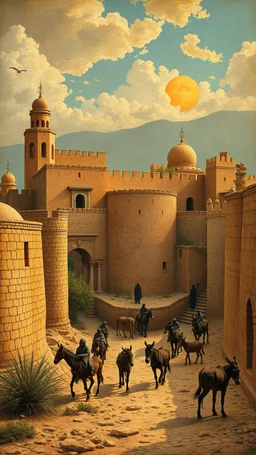 Hieronymus Bosch style , Morocco old Arabian castles with people and donkeys