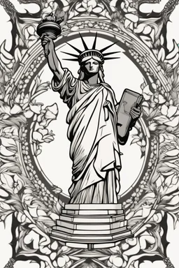 Mandala of the Statue of Liberty merged with apple motifs, illustrated in black and white with clear, thick strokes, suitable for an adult coloring book, contour, vector, clean line art, isolated against a white environment