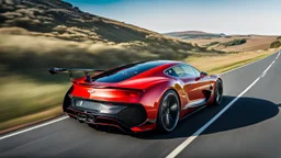 A sleek with livery (((luxury hypercar bentley))), its contours and details perfectly captured in a (((cinematic view))), zipping along a winding road under a beautiful blue fresh morning sky, rear view