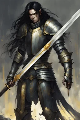 dnd character fantasy paladin knight, weathered plate armour, guilded effects, long black hair, gloomy expression on face, serious moody eyes, drawn full portrait in the style of Nobuyoshi Araki