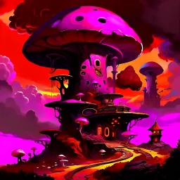 A fantabulous black, magenta and orange (((mushroom tower house))) erected atop a (geologic pillar), surrounded by the uncanny imaginative ((( swirling skies))), offset by the stark hues of a (neon-tinged nebulous space scape), within. captured by the hand a skilled master painter with a focus on (softly blurred compositions and voluminous lighting).