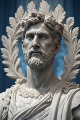 Ultra Realistic image, roman sculpture, deluxe white marble material, Lionel Messi, Laurel leaves wreath, Renaissance style, miguel angel David style, chisel style, emperor, waist up portrait, epic, celestial, cinematic lighting, God light, god rays, 4k resolution, smooth details, ornate details, unreal engine 5, blue vibrant background.