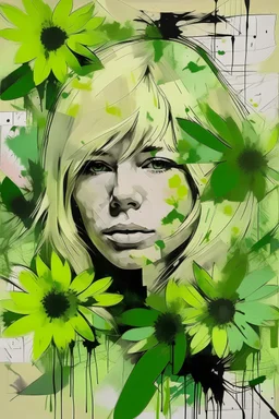 on old yellow, torn paper, gouache, double exposure, portrait of a woman, blonde with bangs, closed eyes, 45 years old, blots, splashes, newspaper scraps, chamomile flowers, pink petals, green leaves, branches, 8K