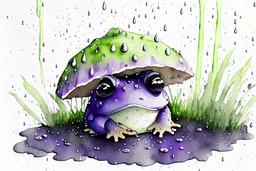 3D close-up of a very cute fluffy plushy chibi plush frog hiding from the rain under a spotted mushroom, puddles in front, grass and violets next to him, 3d effect melting watercolour on wet inked paper, black ink outline in sunshine, ethereal, cinematic postprocessing