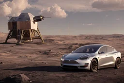 A Tesla 'Model Y' is parked, at the lunar landing site of the 'Apollo 11'. (CINEMATIC, WIDE ANGLE LENS, PHOTO REAL)