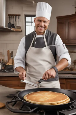 A hyper-realistic, A chef flipping a pancake in a cast iron skillet, with a spatula in hand.. full size ,Photo Real, HOF, full size, practicality,manufacturability,performance, (((realism, realistic, realphoto, photography, portrait, realistic, elegant, charming, , professional photographer, captured with professional DSLR camera, trending on Artstation, 64k, ultra detailed, ultra accurate detailed, bokeh lighting, surrealism, Thomas Kinkade backgroun