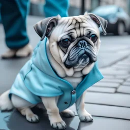 Street style Pug in blue, white and gray pastels colours