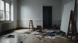 A stark, minimalist room where a young artist selfishly destroys their own masterpiece, consumed by self-doubt, the canvas ripped and scattered on the floor.