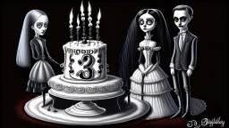 draw a birthday cake with logo number 23 or one candle 23 .Insanely detailed Addams Family movie still with Barbie dolls, art by tim burton