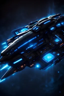 a black spaceship with glowing blue lights on the exterior.