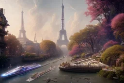 Senna+river+Bar on garden rooftops +Paris mixed new york +Skyscraper +steampunk+biopunk+alphonse mucha, greg rutkowski,matte painting, cryengine, hyper detailed, felix kelly, fantasy art, seb mckinnon