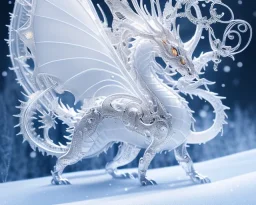 mdjrny-v4 style, a white dragon with fairy-like transparent glowing and shining wings standing in snow, full body, silver lightning, glowing soft and smooth wings, realistic, highly detailed intricately detailed, shiny snowy background, soft studio lighting, trending on artstation, by artist "Julie Bell"