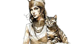 Illustrate a captivating image of a girl resembling Cleopatra, holding a cat, against a white background. Specify a hand-drawn style with strokes, emulating the Paleolithic art style. Ensure the composition captures the essence of ancient artistry, creating a visually unique and evocative scene depicting the girl and her feline companion.