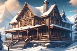 Story Book Fantasy old wooden and stone Boarding School in the Winter Mountains