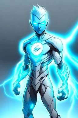 a drawing character that can control lighting and hes a superhero, hes kinda see through , and has a grey skin tone, and has a GYATT he has lightning surrounding him very fast, hes soft with a sick suit and logo