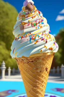 extravagant luxury icecream with extras, on sunny day, bokeh, vibrant color, 8k, RTX, realistic, 3D, Salvador Dali, Alma-Tadema